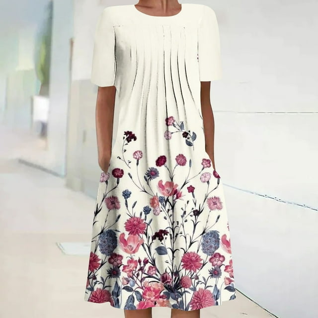 Robes Maxi pour Femmes Robe d'Été Bohème à Imprimé à Manches Courtes Robe de Plage Longueur Genou Robe à Manches Courtes en Liquidation