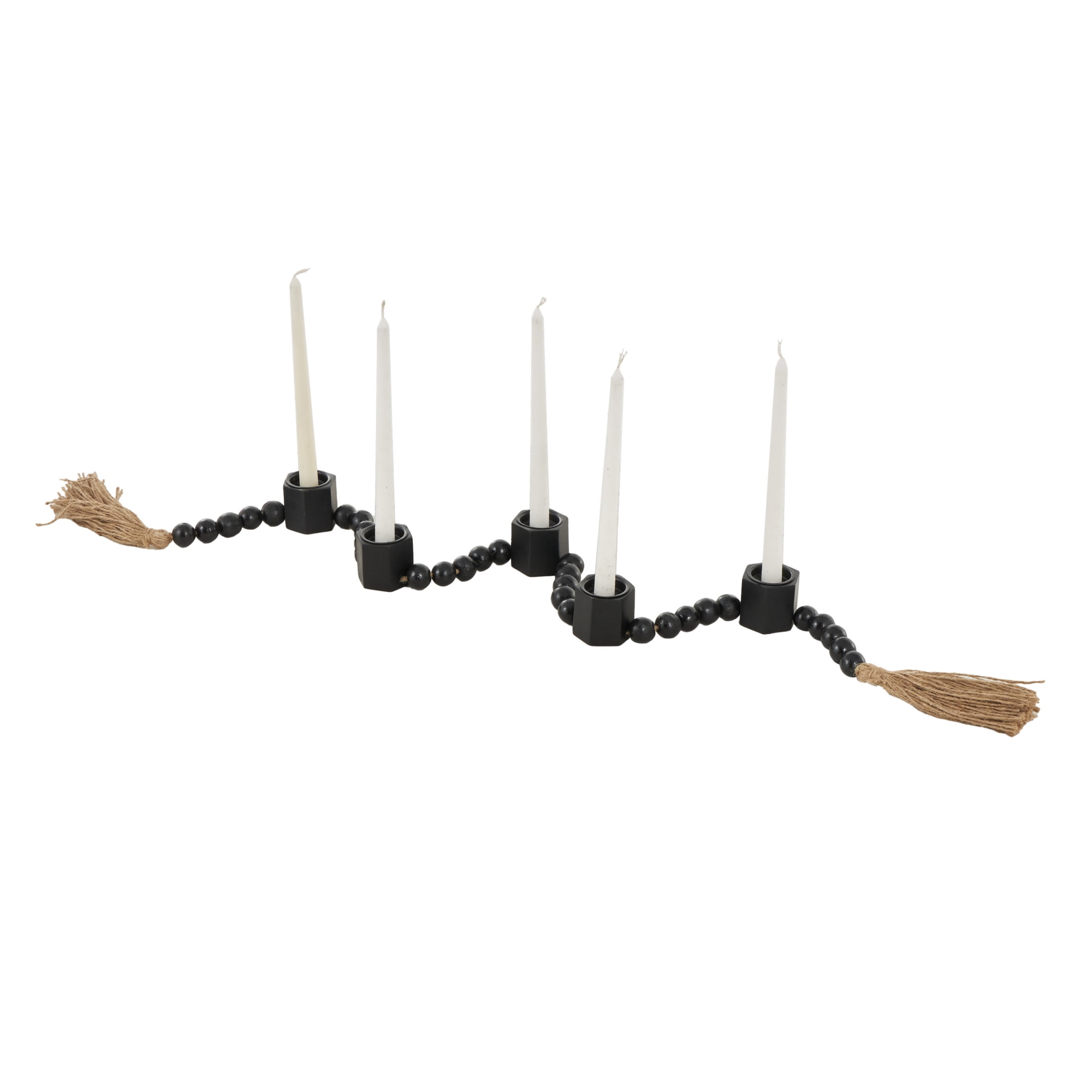 DecMode 5 Candle Black Mango Wood Hexagon Garland Candle Holder with Brown Tassel