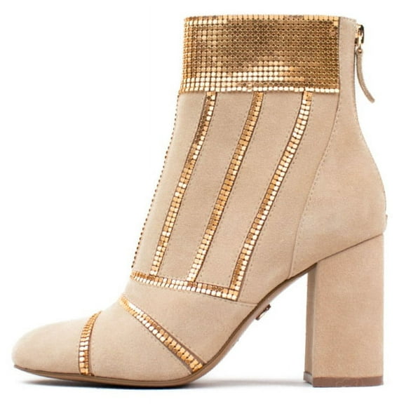 Cecelia New York Demetri Beige Studded Back Zipper Pointed Toe Heel Ankle Boots (Beige, 9)