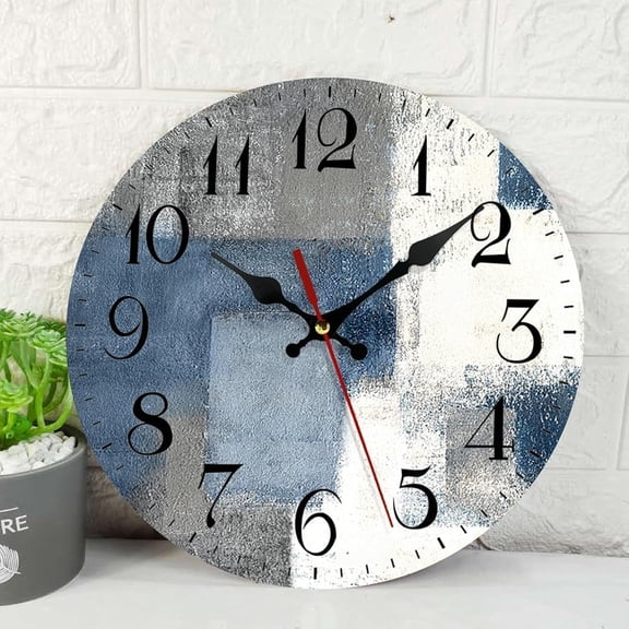 Turquoise Wooden Wall Clock Silent Non-Ticking, Green Blue Grey Teal Aqua Abstract Painting Gray Round Wall Clock Decor for Home Kitchen Living Room Office, Battery Operated 12 Inch