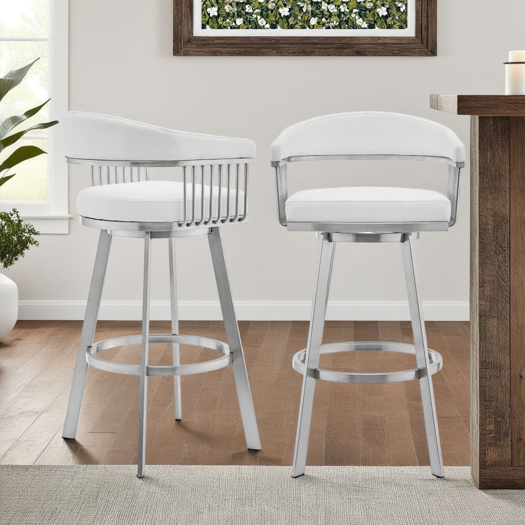 Chelsea 29" Swivel Bar Stool with Brushed Stainless Steel and White Faux Leather
