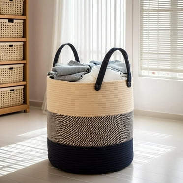 PinkSheep Laundry Basket, Collapsible Woven Cotton Rope Laundry Hamper Storage Baskets with Handles, Khaki Black