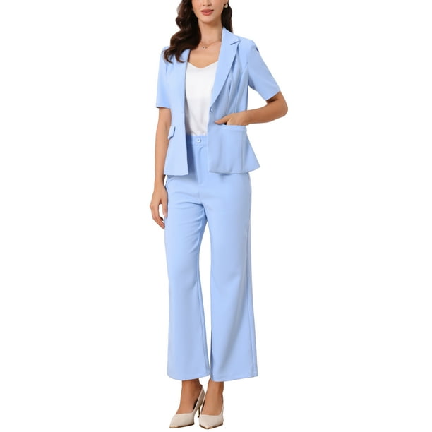 Conjunto de traje de oficina para mujeres INSPIRE CHIC, blazer de manga corta de un botón y pantalones de traje XS azul claro