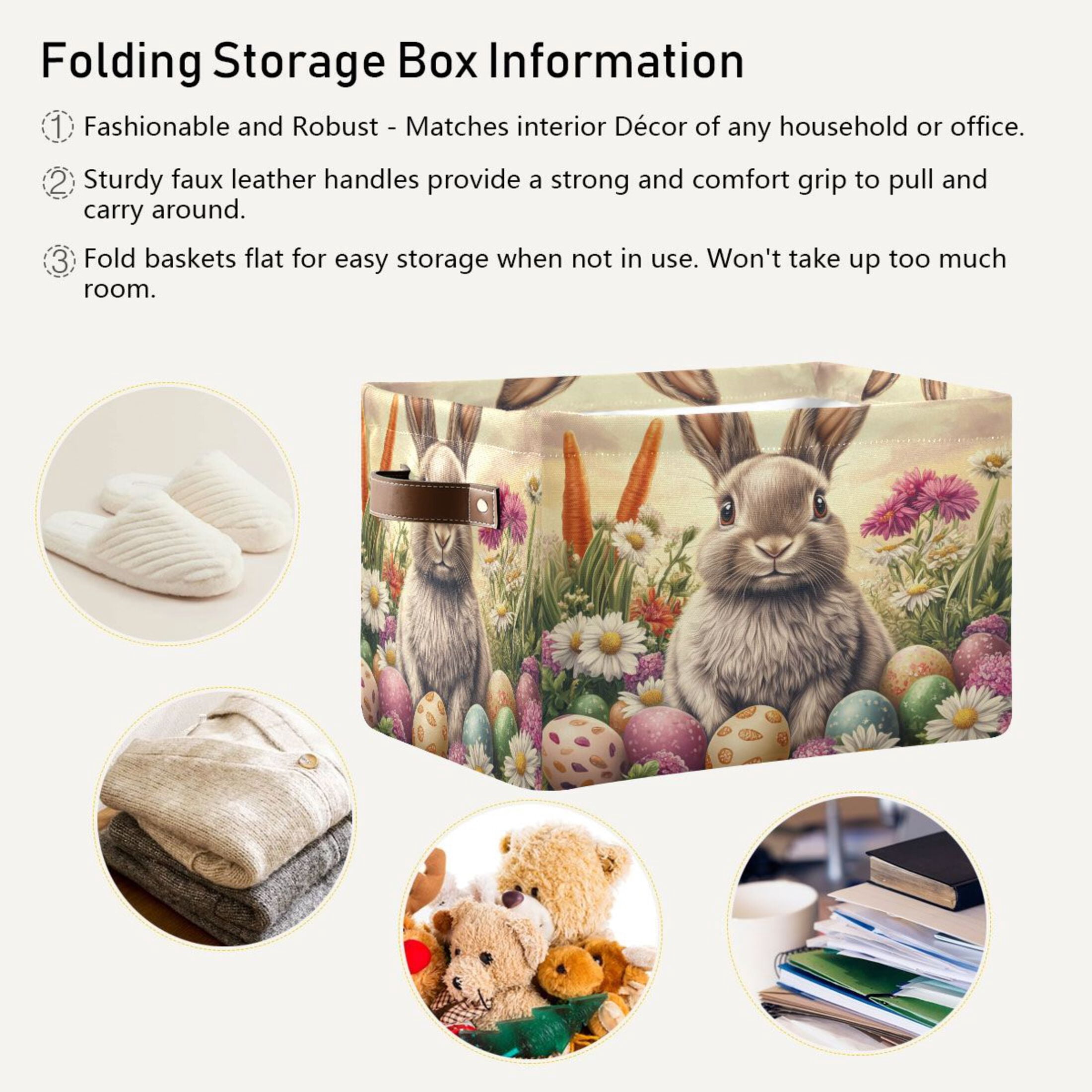 WOBOGO Lovely Easter Bunny Square Storage Basket with Waterproof Canvas and PE Lining Durable PU Leather Handles 14.2×10.2×8.3in