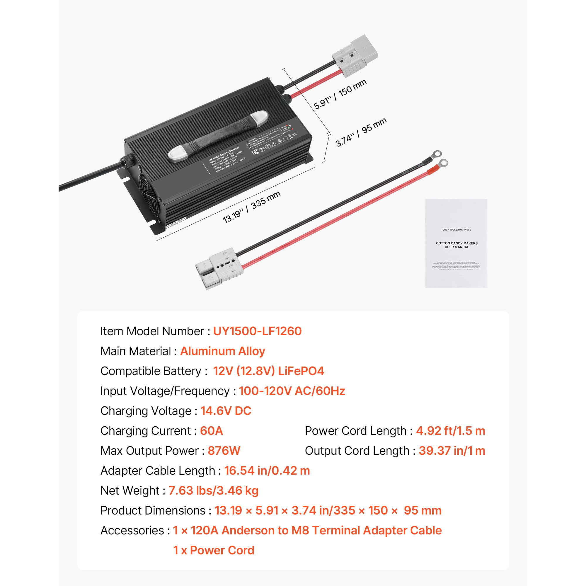KFFKFF 12V 60A Lithium Battery Charger, 14.6V AC-DC LiFePO4 Smart Charger with Anderson Connector, LED Display, 0V Activation, Compatible with Lithium LiFePO4 Deep Cycle Batteries for Boats and RVs