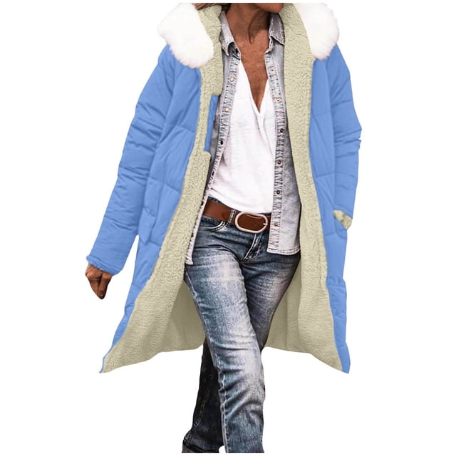 yardsong Manteau Chaud en Molleton pour Femme - Doudoune à Capuche Réversible Longue Doublée Sherpa Bleu Pâle, TTG