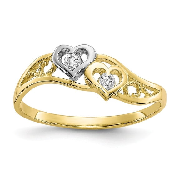 10k Yellow Gold and Rhodium Double Heart Cubic Zirconia Ring - Size 6.00