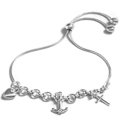PORI Jewelers Sterling Silver Anchor, Heart and Cross Charms Adjustable Bracelet