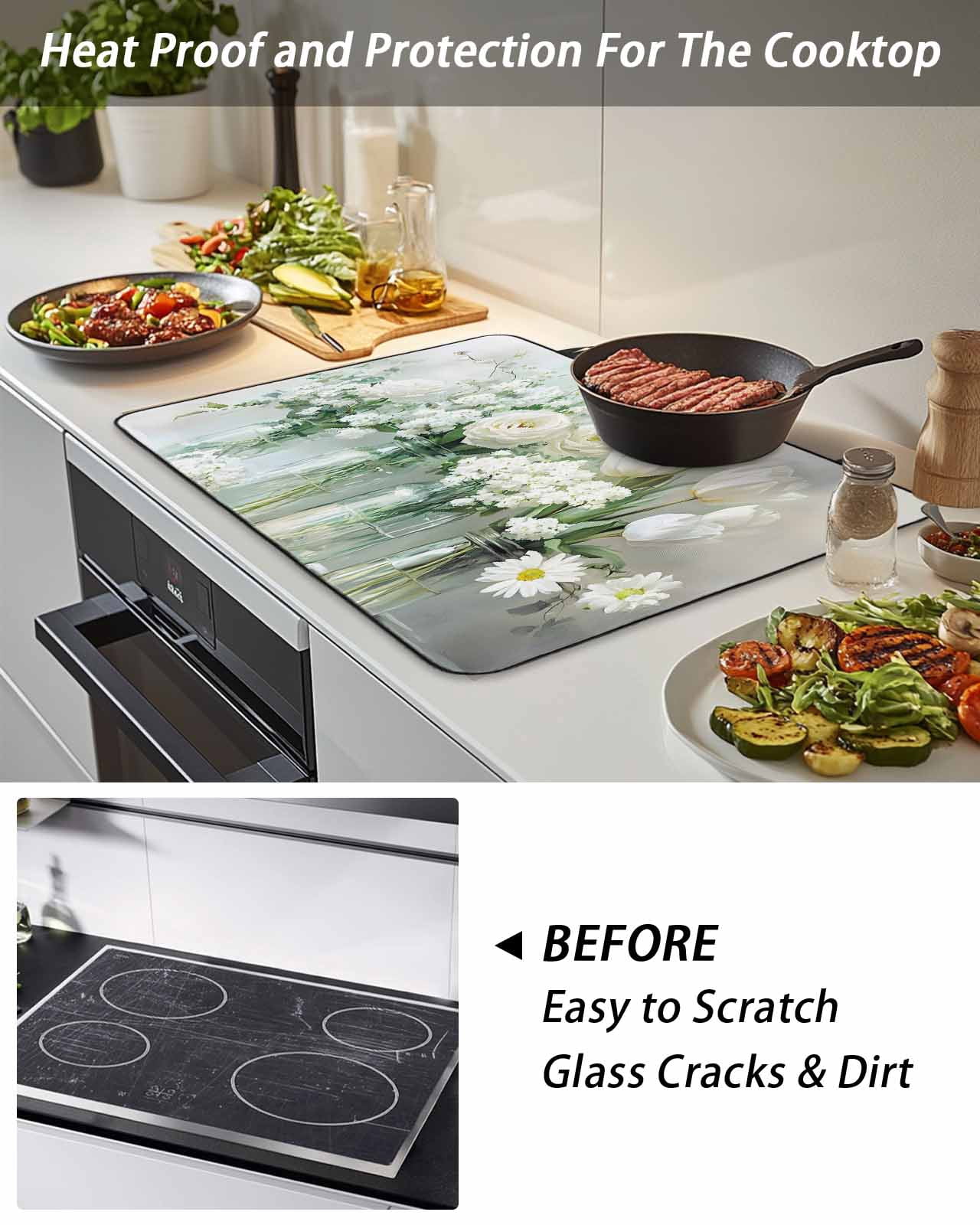 Stove Top Covers for Electric Stove 36x21 Inches, Daisies Flowers Heat Insulation Fireproof Glass Cooktop Protector, Vintage Watercolor Bottle Floral Countertop Stovetop Cover for Kitchen