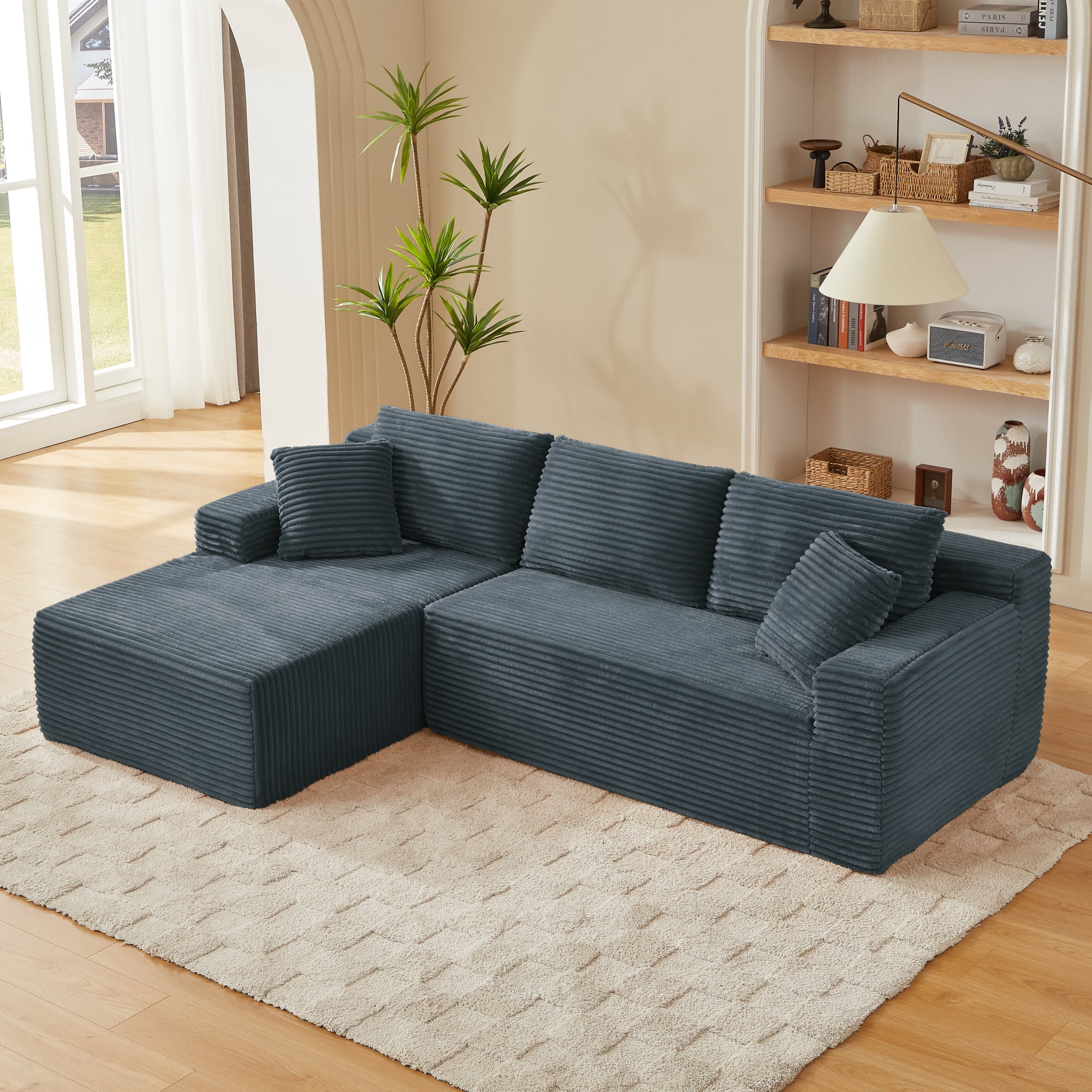 Leumius 103" Cloud Sectional Sofa Couch,3 Seat L-Shaped Couch with Deep Seat,Upholstered Corduroy Cloud Couch for Living Room,No Assembly Required,Dark Gray(Left Facing Chaise)