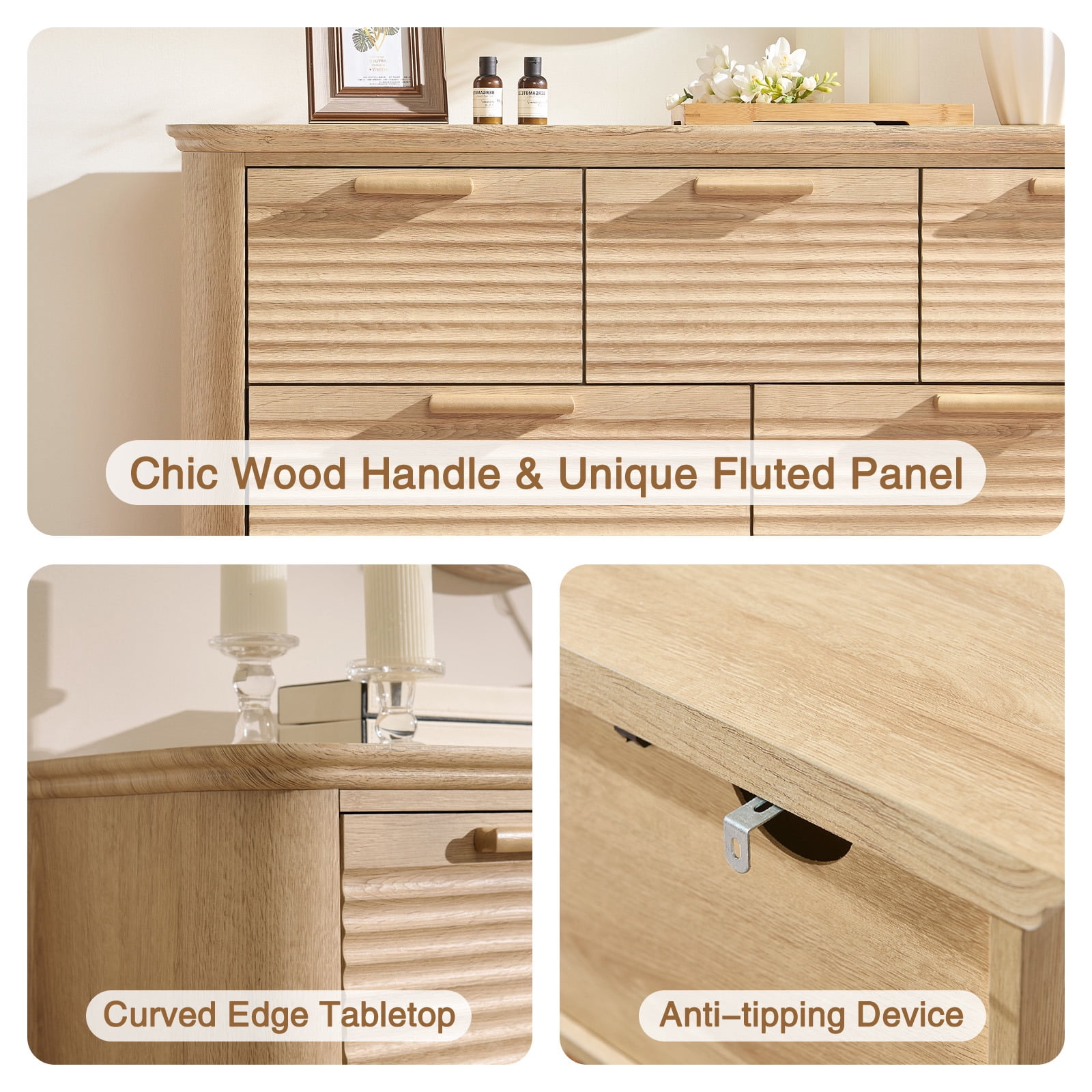 Hommoo Modern Wood Fluted 7 Drawer Dresser, 52" Wide Dresser Chest of Drawers with Curved Profile Design, Multifuctional Storage Organizer for Home, Oak