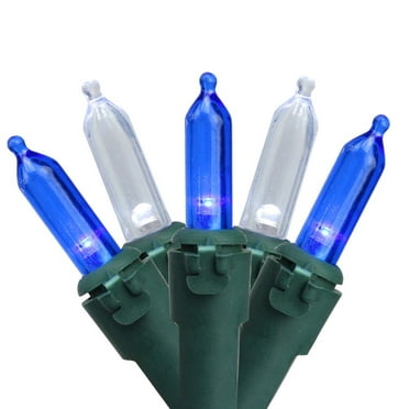Set of 50 Blue & Pure White LED Mini Christmas Lights 4" Spacing - Green Wire