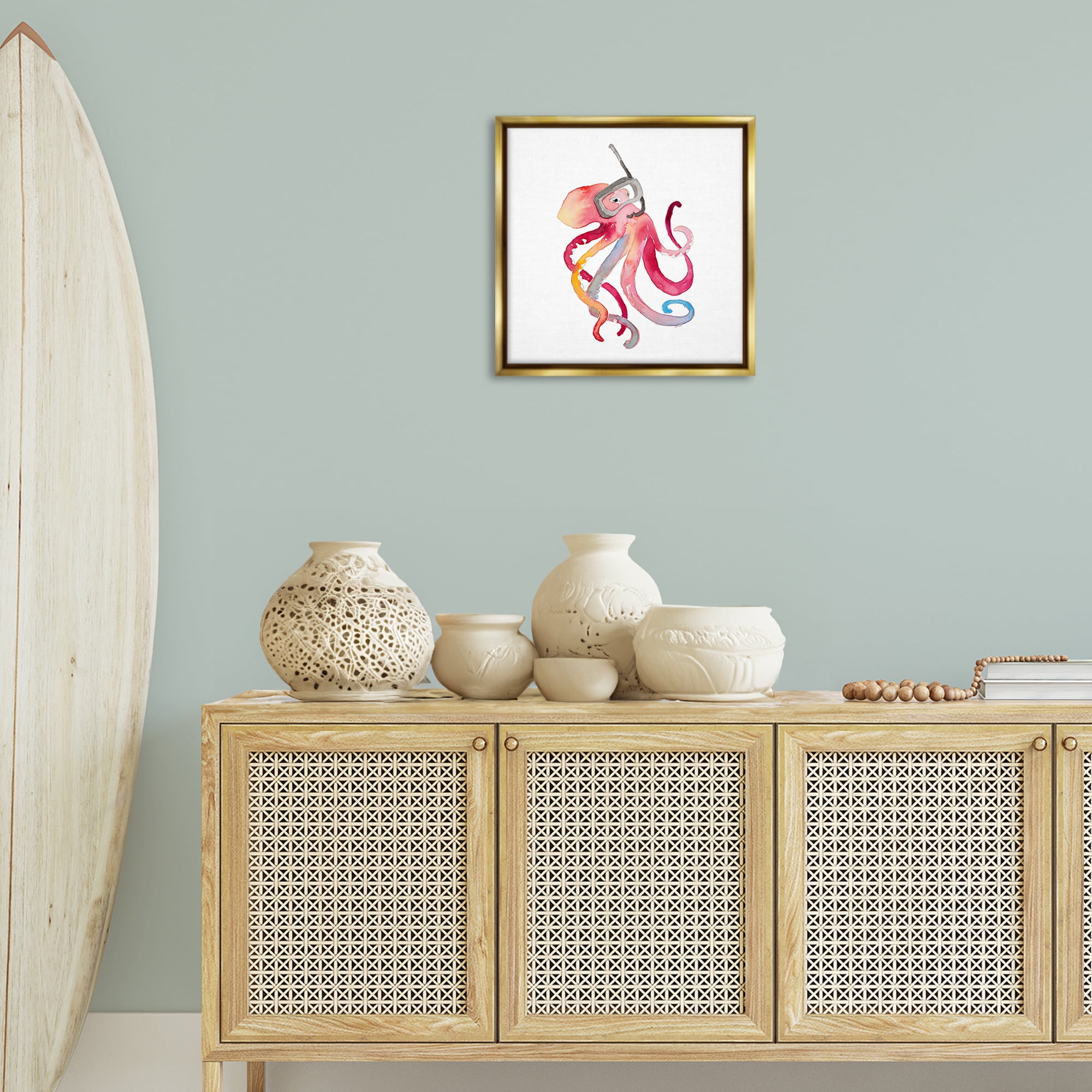 Stupell Industries Snorkel Mask Octopus Novelty Painting Gold Floater Framed Canvas Art Print Wall Art, 18 x 18