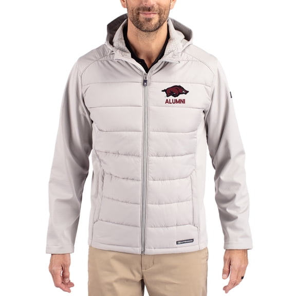Men's Cutter & Buck Gray Arkansas Razorbacks Evoke Hybrid Eco Softshell Recycled Full Zip Hooded Jacket