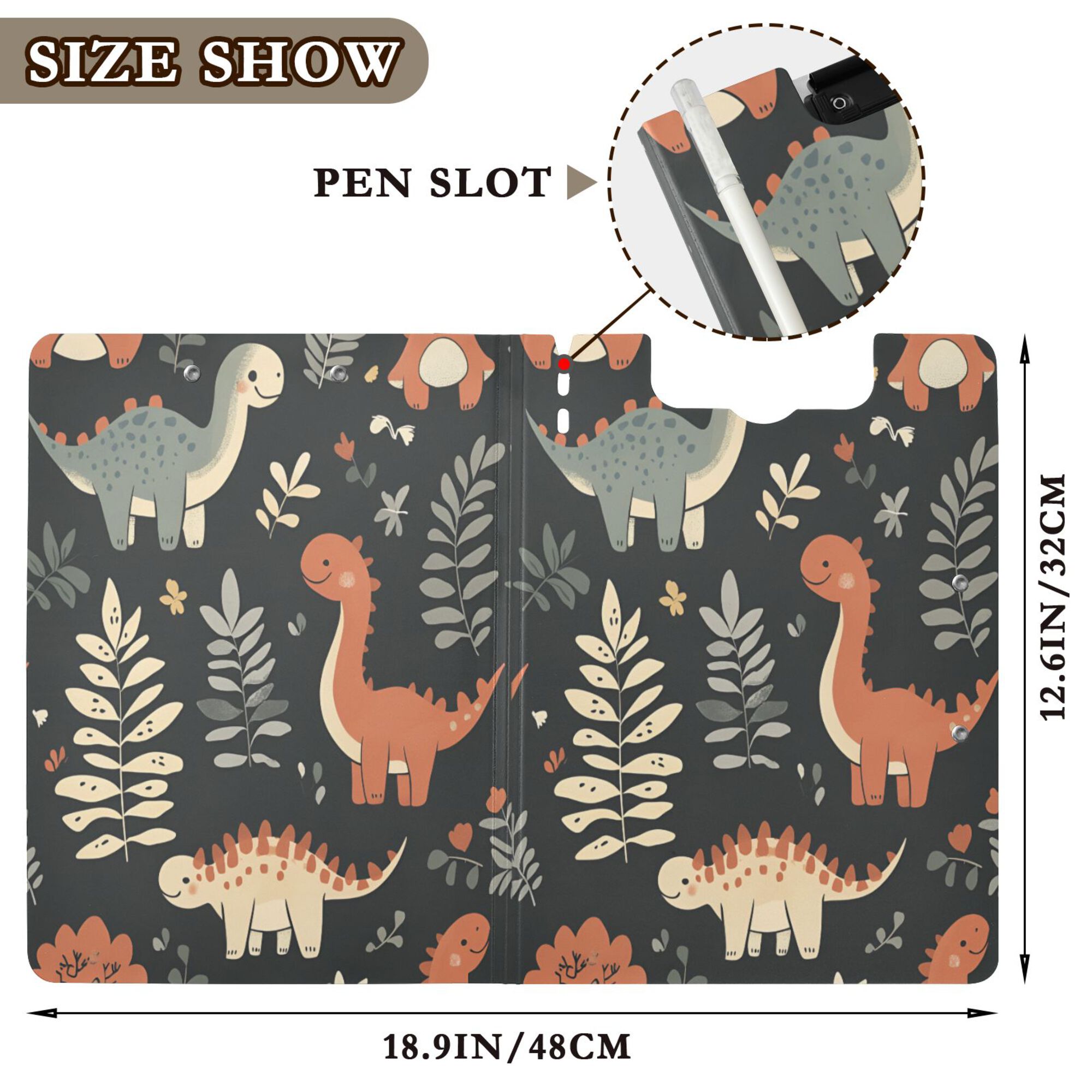 FORMRS A4 Clipboard Folder with Pen Holder Horizontal Foldable School Office Binder, Gray Dinosaur