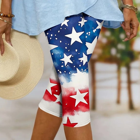 Aboser 4th of July Patriotic Leggings for Women Capris Knee Length Beach Leggings American Flag Printing Capri Legging Stretch High Waisted Holiday Pants