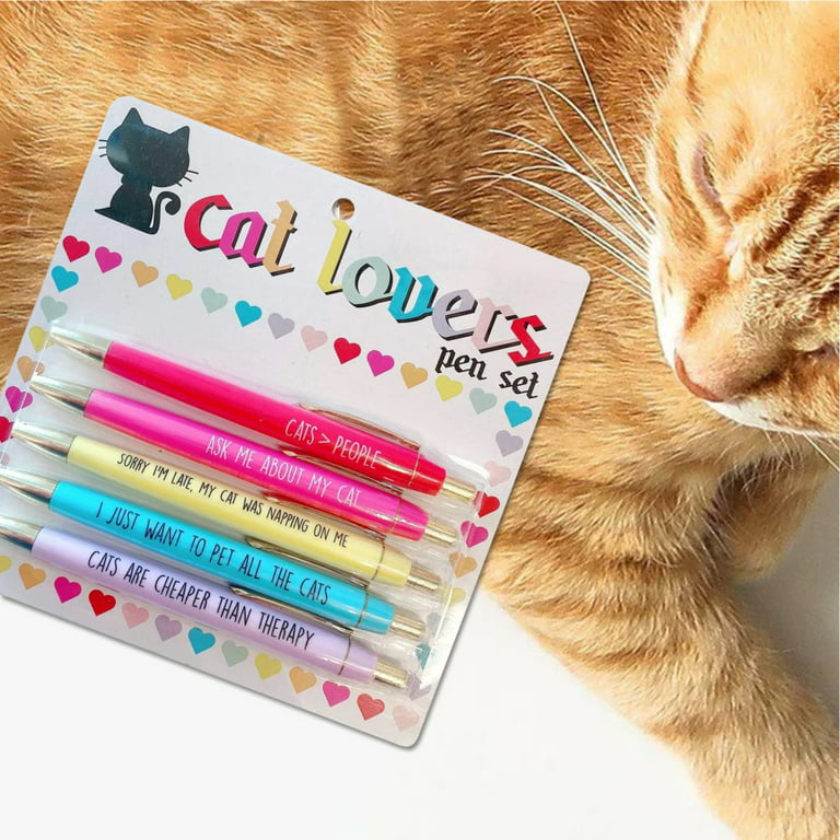 5PCS Coated Metal Cat Pens With Stylus Tip Funny Phrase Office