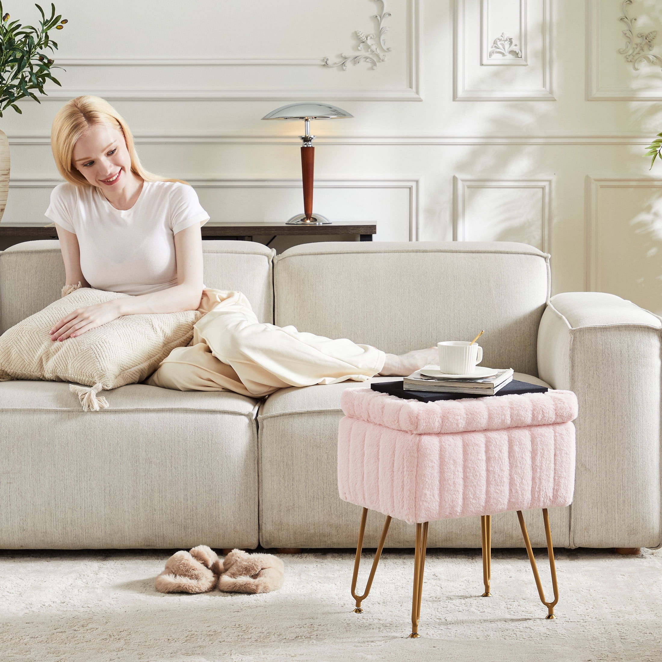 JOINSUN Ottoman Vanity Stool Chair, with Storage, Modern Style Faux Fur Seat with 4 Metal Legs & Non-slip Feet for Living Room, Bedroom, Pink