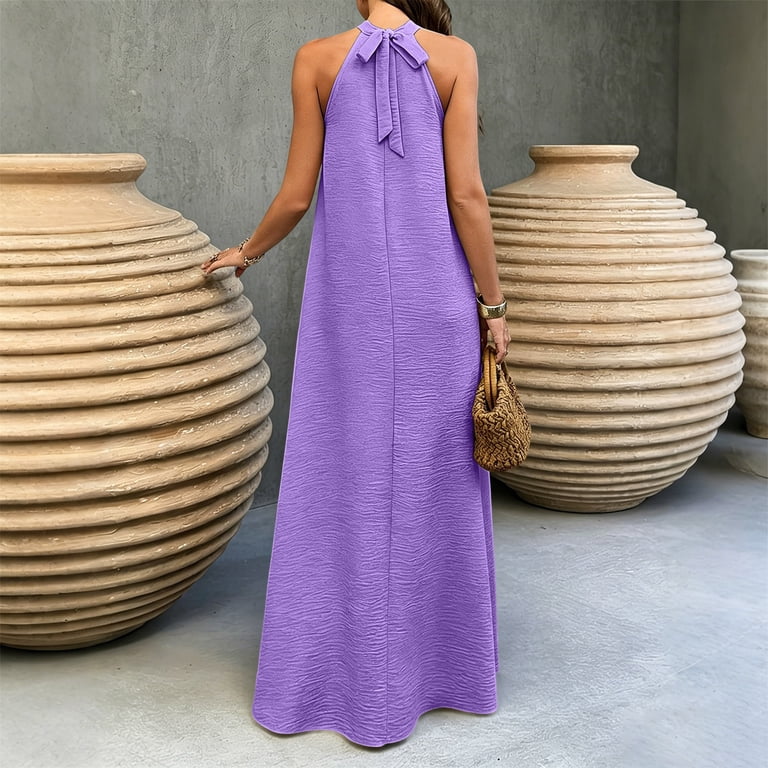 plus size summer halter dresses BaoFuBaoMei Halter Dresses for Women Plus Size Back Tie A Line Outfits  Sleeveless Solid Dress Summer Flowy Outfits
