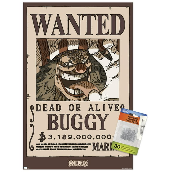 One Piece - Buggy Wanted Poster Wall Poster with Push Pins, 14.725" x 22.375"