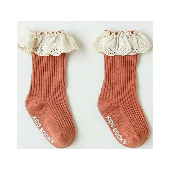 Toddler Girls Coral Knee High Socks with Eyelet Lace Trim 1-3 Years