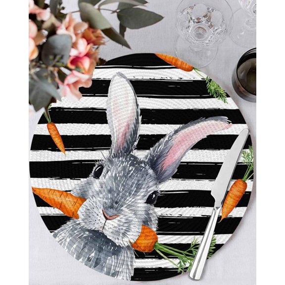 13 Inch Round Placemats Set of 6, Grey Bunny Easter Non Slip Heat Insulation PP Table Mats, Rabbits Spring Botanical Black White Stripe Washable Place Mats for Kitchen Dining Party Table Decor