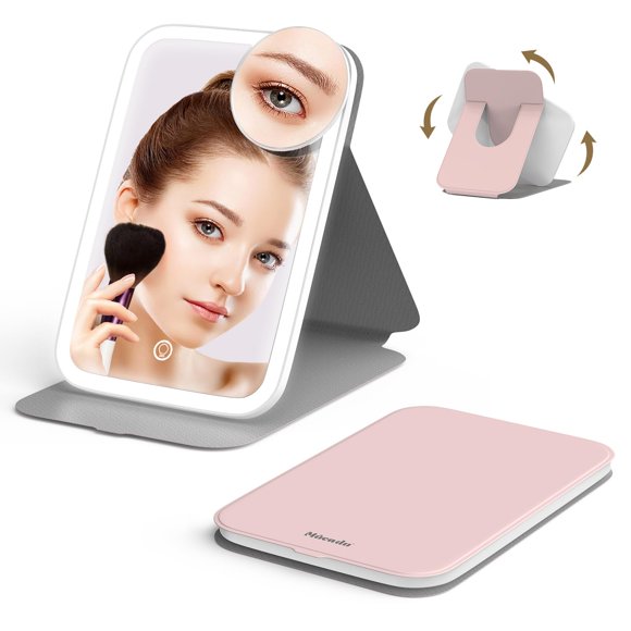 Mocado Espejo de maquillaje de viaje con luces, espejo de maquillaje iluminado con rotación de 360 ??grados, espejo portátil con aumento de 10x, 60 LED, 3 iluminaciones de colores, pantalla táctil reg