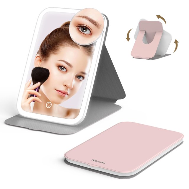 Mocado Espejo de maquillaje de viaje con luces, espejo de maquillaje iluminado con rotación de 360 ??grados, espejo portátil con aumento de 10x, 60 LED, 3 iluminaciones de colores, pantalla táctil reg