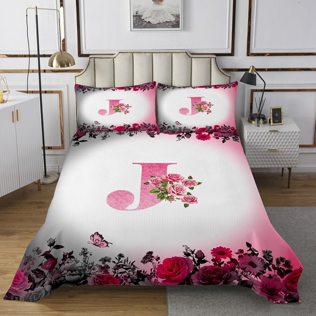 Erosebridal Letter Initial Coverlet Set King,Monogrammed Personalized Bedding Set,Flower Decor,Ultra Soft,3 Pieces