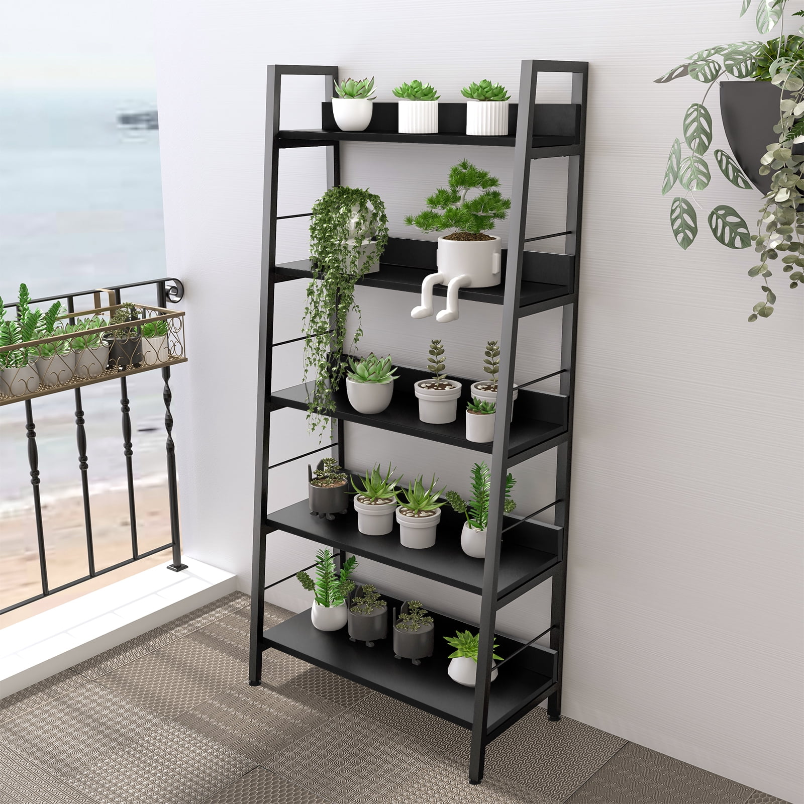 Legooin 5-Tier Modern Ladder Bookcase with Wood Shelves Metal Frame, for Office Home Kitchen Pantry Living Room, Black