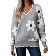 thumbnail image 3 of Sweaters for Women Spring Fall Color Block Ribbed Ruffle V Neck Loose Fit Pullover Knit Y2k Cute Sweater Tops Grey S, 3 of 8