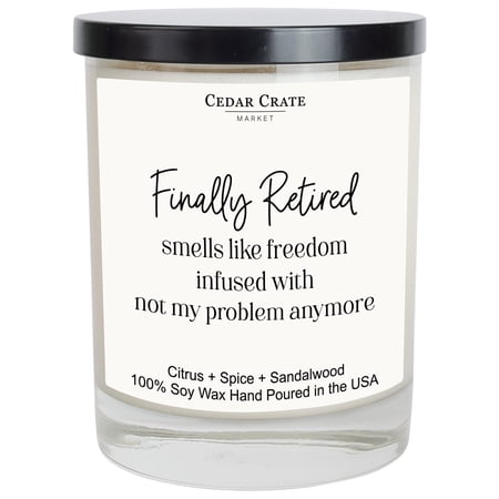 Cedar Crate Market – Retirement Gift for Woman Men 2025 – Finally Retired Soy Wax Candle Caribbean Retreat Scent 50-60 Hours Eco-Friendly Glass Jar Farewell Presents for Coworkers – USA Made