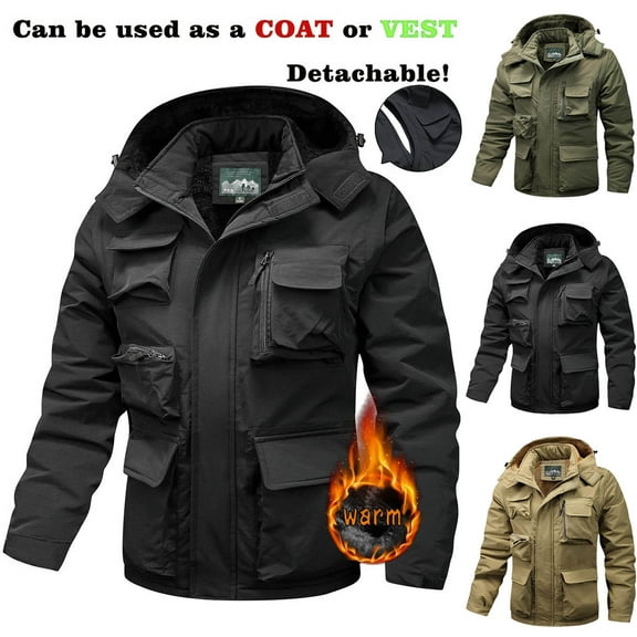 Txeol Men's Detachable Jacket with Multi Pockets Zip Front Mockneck Hooded Windbreaker Big and Tall Windproof Outdoor Military Jackets,Black,3XL