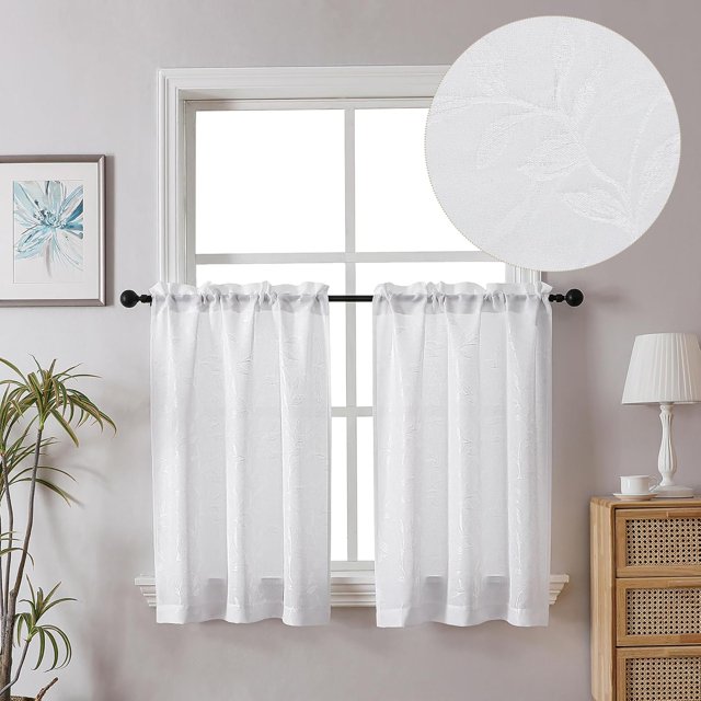 sasyxdc Mila Natural Kitchen Curtains 2 Panels Small Window Curtains for Living Room Bathroom Laundry Basement Modern Rod Pocket Light Filtering Jacquard Leaf Curtain 30Wx24L inches gt