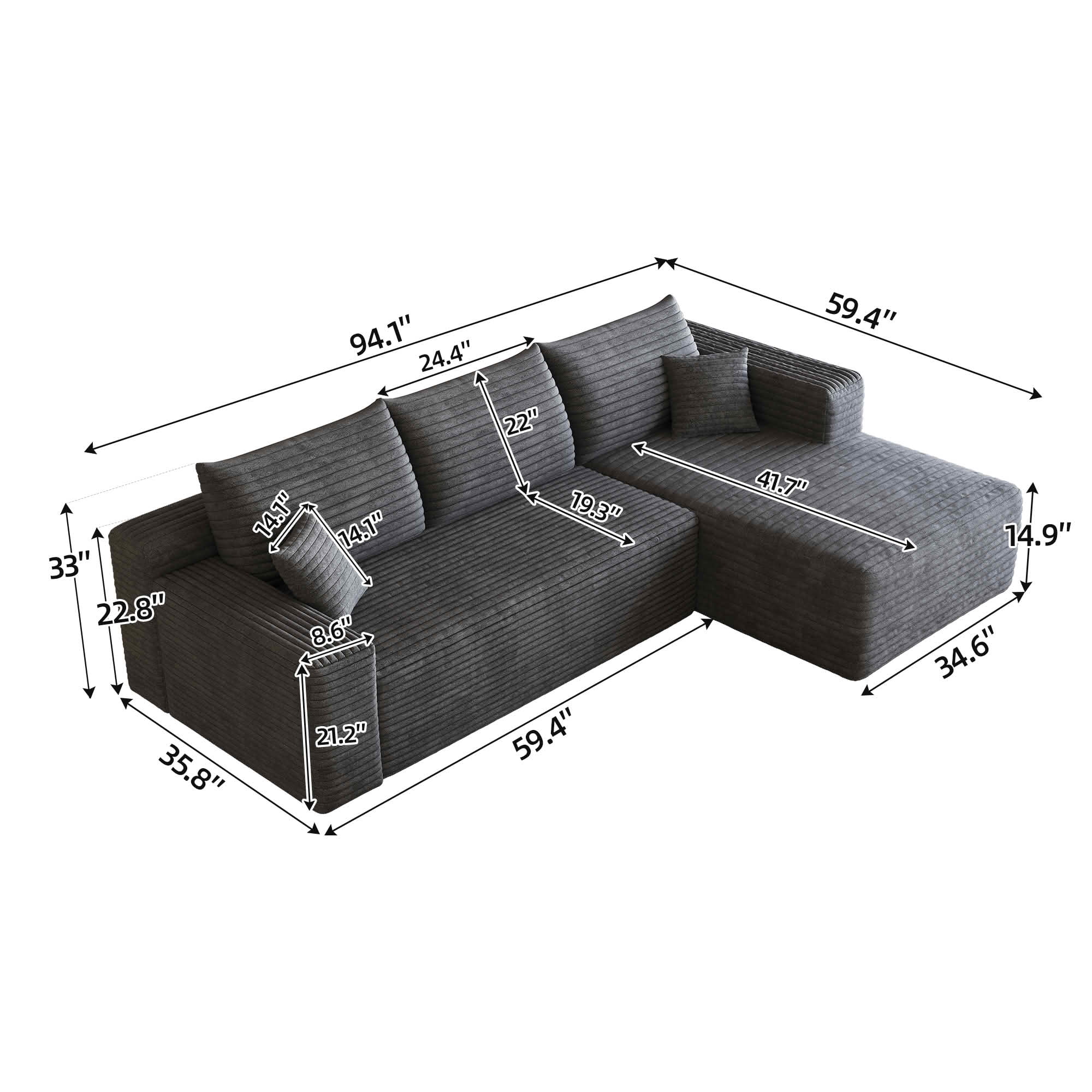 MAYEERTY 95 Inch L‑Shaped Cloud Sectional Sofa, Modern Minimalist Deep‑Seat Corner Couch, Plush Corduroy Upholstered Reversible Sofa, No‑Assembly Required for Living Room Bedroom Apartment