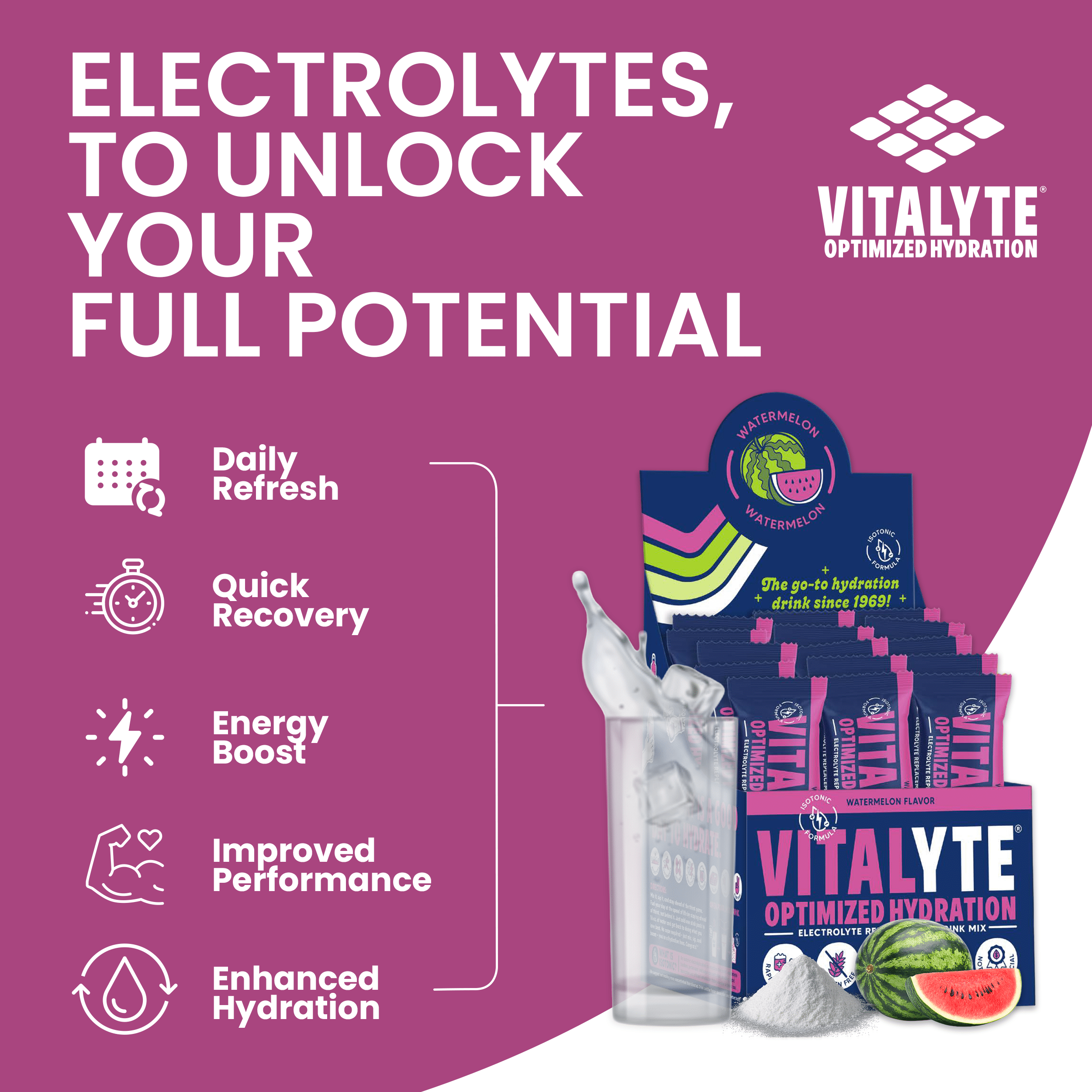 Vitalyte Watermelon Electrolyte Powder Packets Mix, Isotonic Hydration, 25 Single Serving Stick Packet