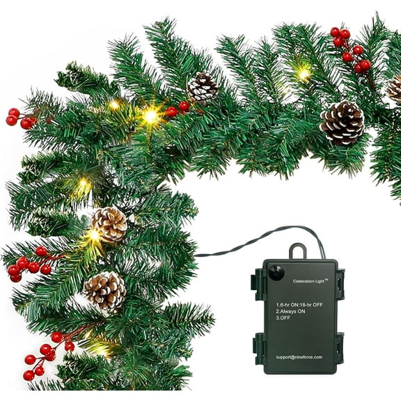10Ft Christmas Garland with 50 LED Lights - 2 Pack Pre-lit Outdoor Xmas Garland with Timer - Pine Garland with Red Berries Snow Pine Cones - 10 Foot by 10 Inch