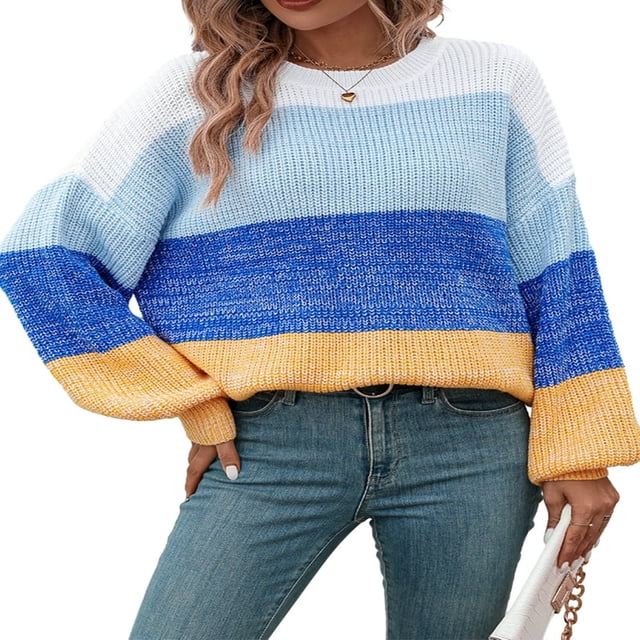 Pullovers à Manches Longues Col Rond pour Femmes avec Contraste de Couleur