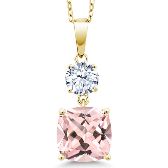 Gem Stone King 18K Yellow Gold Plated Silver Peach Nano Morganite and White Created Sapphire Pendant Necklace for Women 5.32 Cttw, Gemstone October Birthstone, Cushion 10MM, Round 6MM