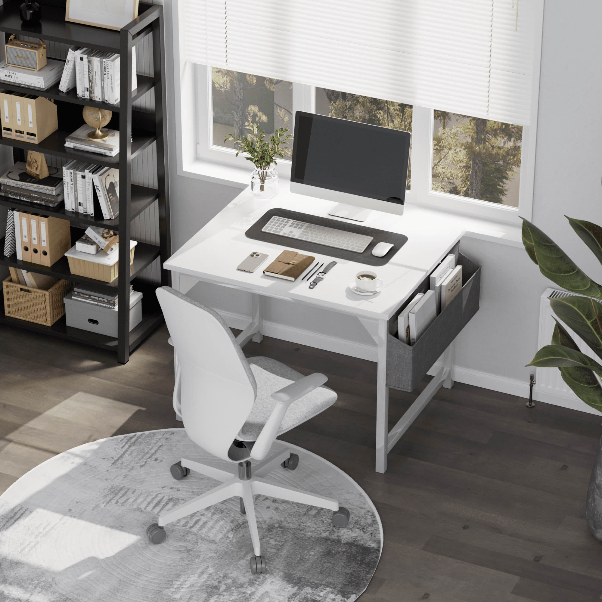 Lacoo Computer Desk 31 Inch Small Office Desk Modern Writing Desk with Storage Bag Work Study Table with Headphone Hook for Home Office, White
