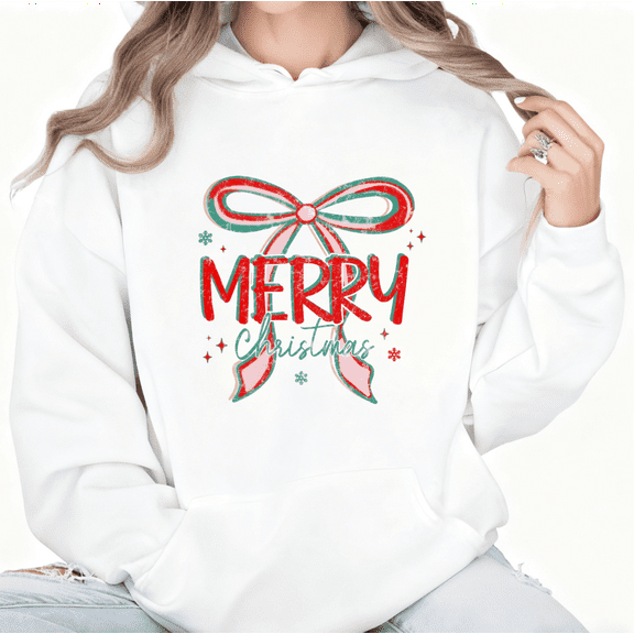 Merry Christmas Bow Print Hoodie White Graphic Sweatshirt S-2XL Holiday Tops