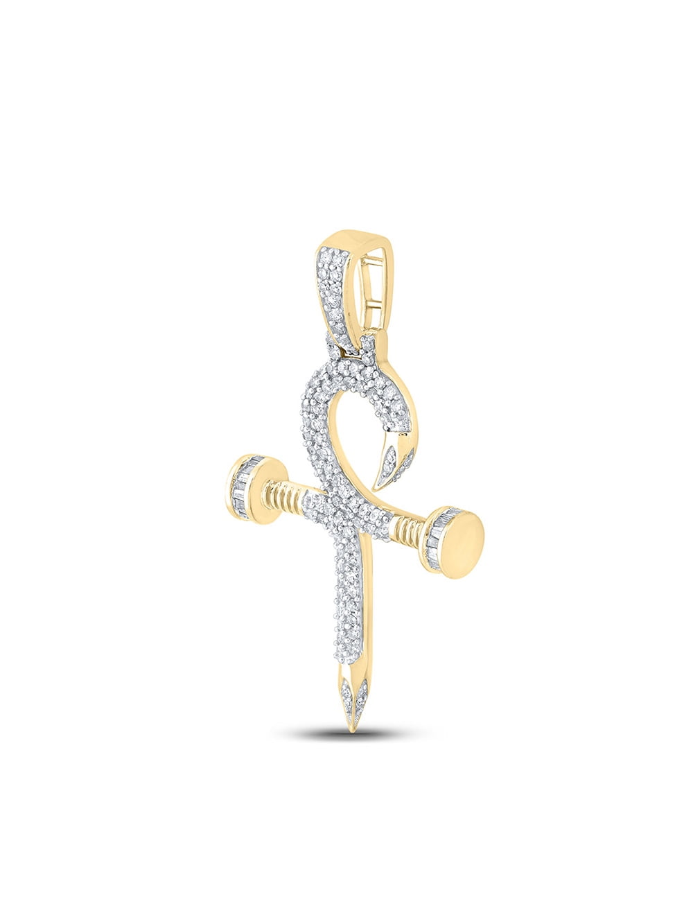 10kt Yellow Gold Mens Baguette Diamond Nail Cross Ankh Charm Pendant 3/4 Cttw