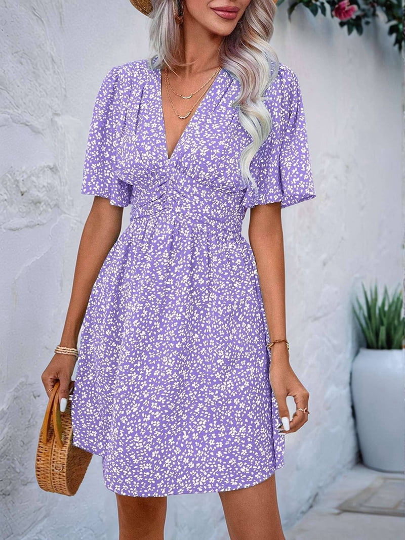 Women Summer Casual Floral Print Short Flutter Sleeve Mini Dress Casual Sundress V Neck Sun Dresses L