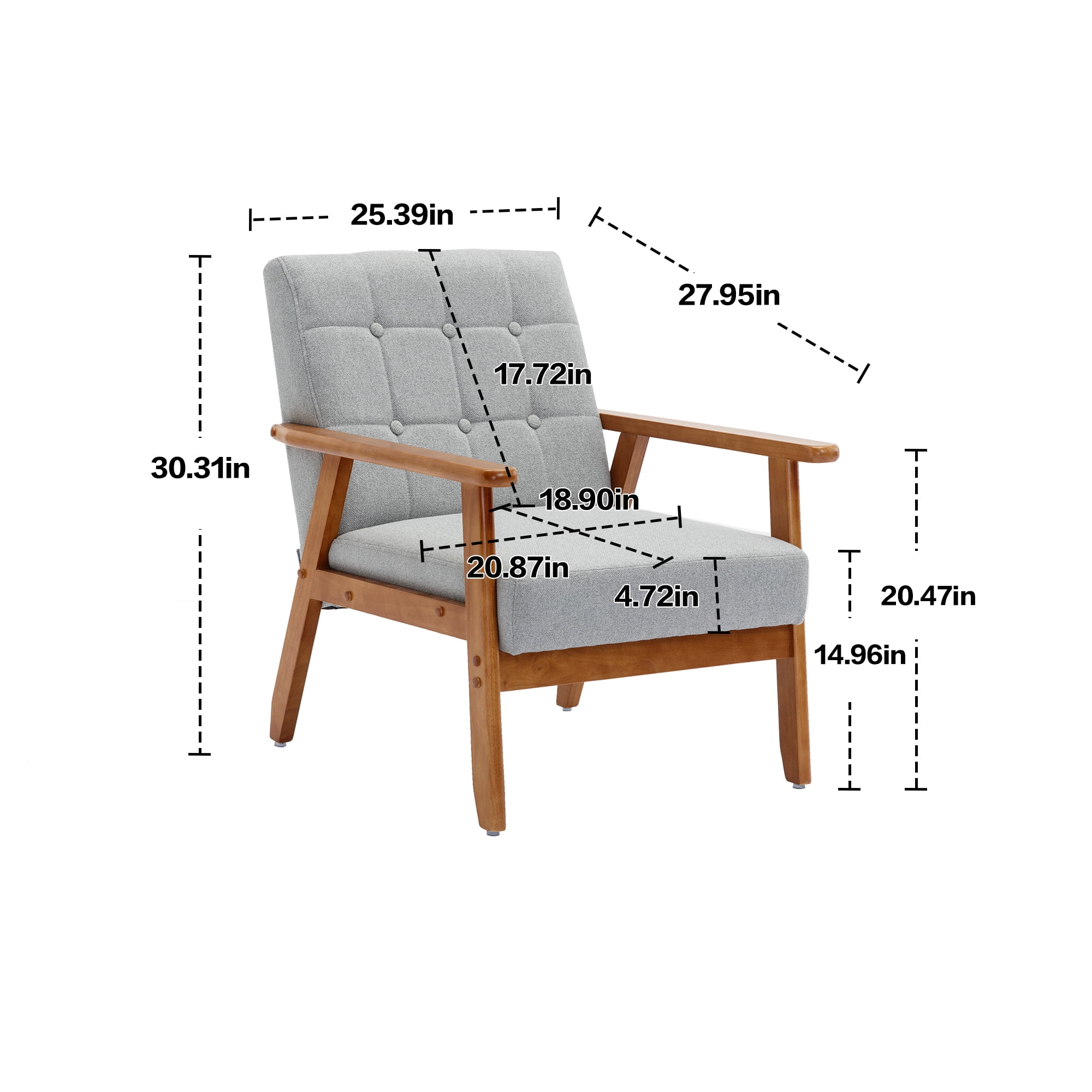 Miniyam Mid Century Modern Accent Chair with Wood Frame,Linen Fabric Single Reading Chair,Armchair for Living Room Bedroom Home Belcony Office,Gray