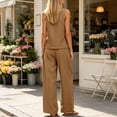 thumbnail image 4 of Mifsaly Two Piece Vacation Sets for Women Sleeveless Button Down Shirt and High Waisted Wide Leg Palazzo Pants Lightweight Flowy Summer Matching Lounge Outfits with Pockets Brown,XL, 4 of 7