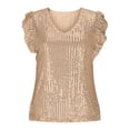 thumbnail image 6 of TARIENDY Womens Sequin Shirts Elegant Ruffled Short Sleeve Party Tops Fashion Sparkly Glitter Shirt Loose Fit V Neck Tunic Tops Gold M, 6 of 8