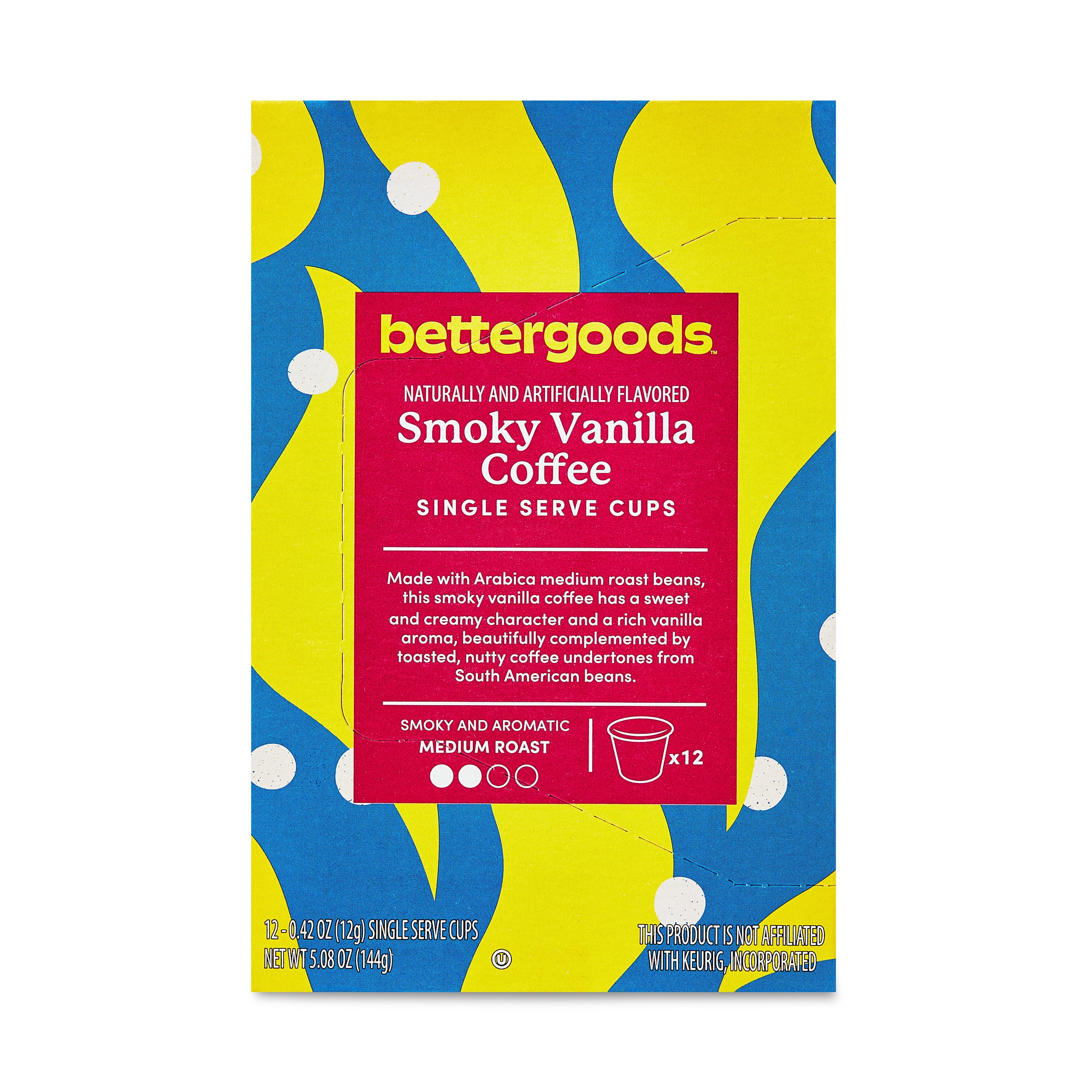 (3 pack) bettergoods Smoky Vanilla Flavored Coffee, Medium Roast, Single Serve Cups, 0.42 oz, 12 Count