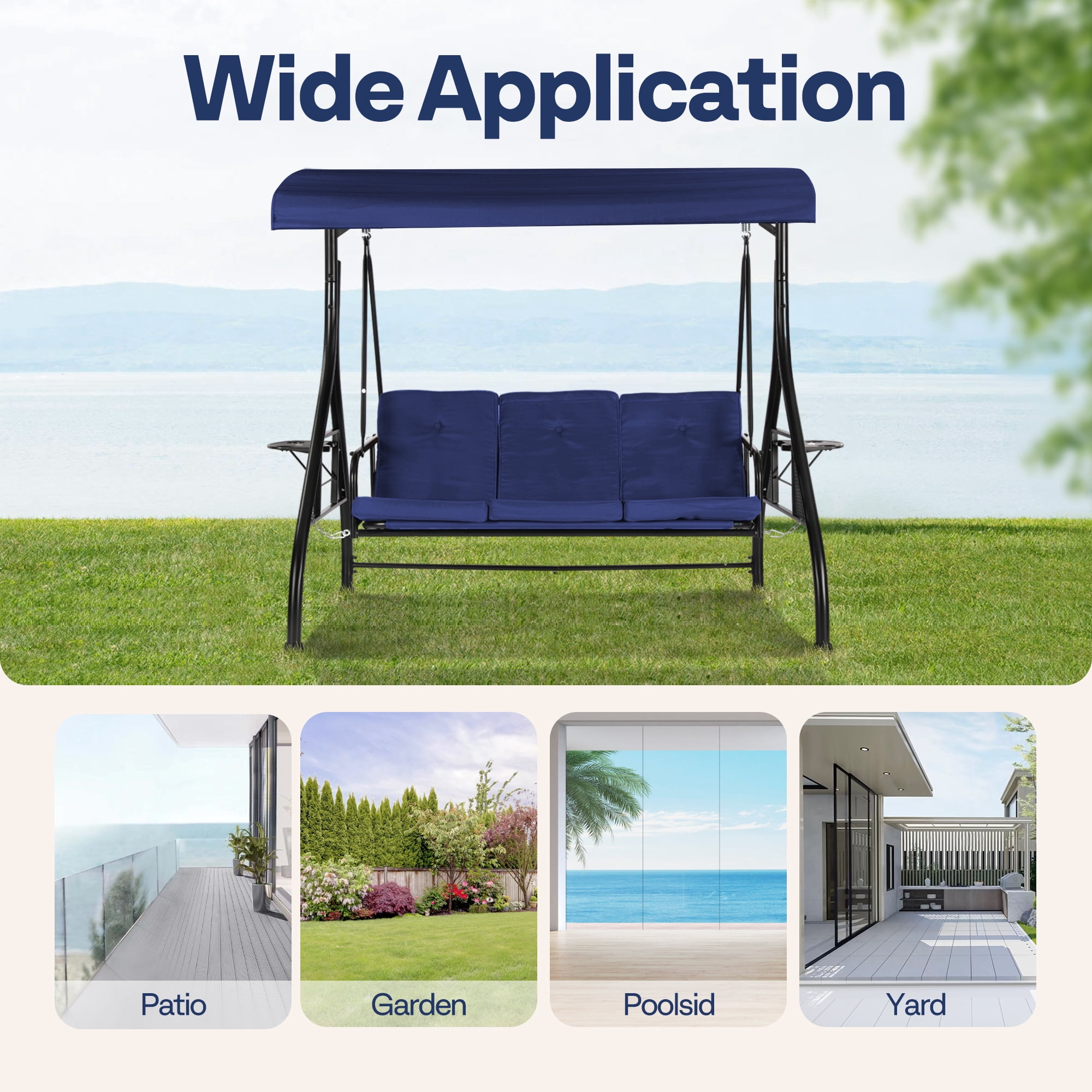 VIVOHOME Outdoor Converting Swing Chair 3-Seat with Canopy, Outdoor Porch Swing Chair with Stand - Navy Blue