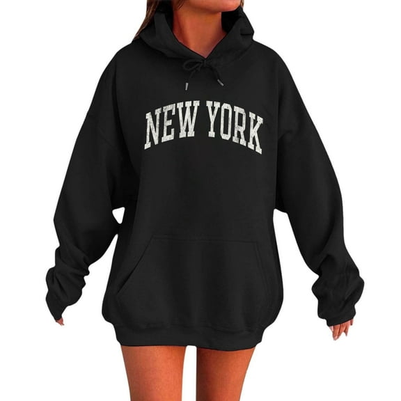 Shadoumai Women new york Graphic Print Hooded Sweatshirt Long Sleeve Pullover Casual Streetwear Top with Pocket Fall Winter Clothes