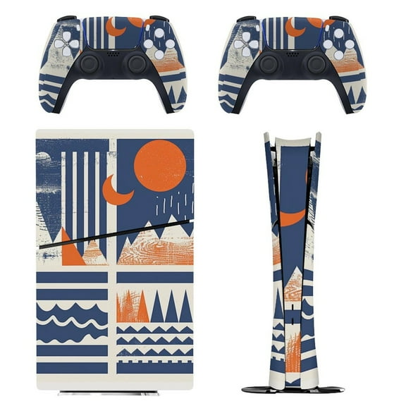 Skin Sticker for PS5 Slim Standard Disc Digital Edition Console and Controllers Decals for Playstation 5 (Simplicity Vintage Geometric Lake,PS5 Slim)